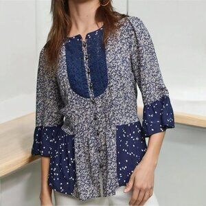 Anthropologie Women's Maeve Hiver Blouse Blue Floral Button Front Size 0
